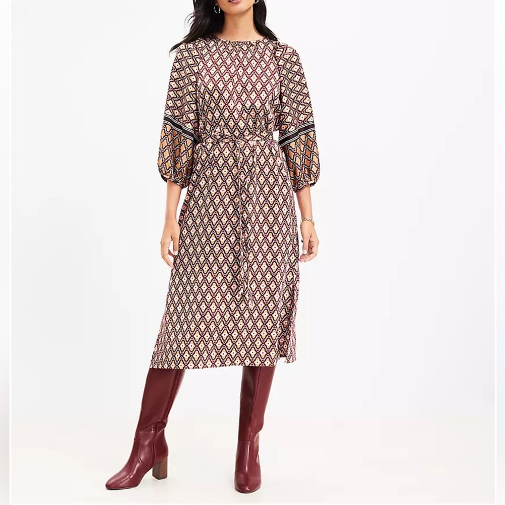 LOFT Boho Retro Dress Puffy Sleeves Tie Belt Small Petite Lightweight Polyester